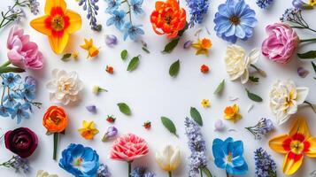 AI generated Assorted Multicolored Flowers on White Surface photo