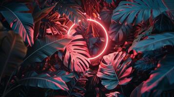 ai generado rosado neón circulo en medio de tropical plantas foto