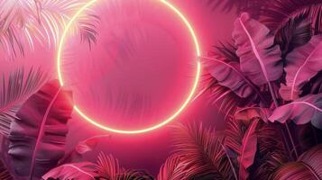 AI generated Pink Neon Circle Surrounded by Palm Leaves photo