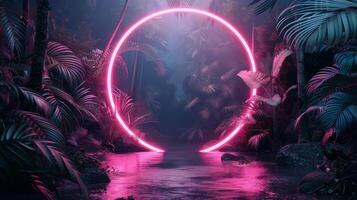 AI generated Pink Neon Circle Amidst Tropical Plants photo