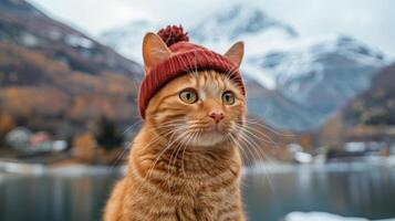 ai generado gato vistiendo rojo sombrero mirando a cámara foto