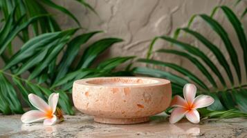 AI generated Stone Table Surrounded by Tropical Plants photo