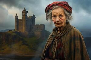 ai generado robusto escocés antiguo mujer escocés castillo. generar ai foto