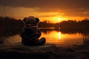 AI generated Nostalgic Child teddy bear sunset. Generate Ai photo