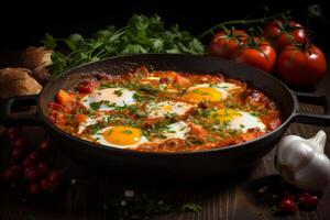 ai generado aromático shakshuka en fritura cacerola. generar ai foto