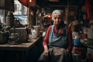 ai generado alegre tienda trabajador contento muchacha. generar ai foto