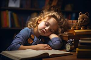 AI generated Studious Sleeping little girl tired of doing homework at desk. Generate Ai photo