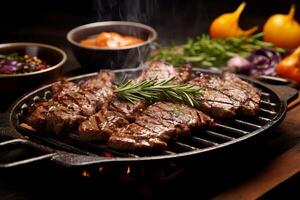 AI generated Aromatic Sizzling steak grill with herbs. Generate ai photo