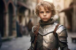 AI generated Medieval knight child. Generate Ai photo
