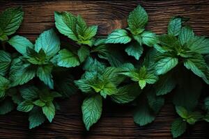 AI generated Fresh Mint herbs wooden board. Generate Ai photo