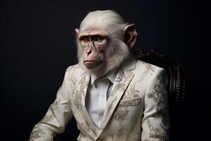 AI generated Whimsical Monkey white suit. Generate Ai photo