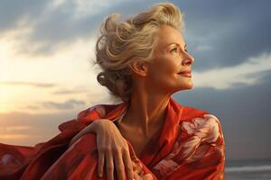 AI generated Mature woman beach. Generate Ai photo