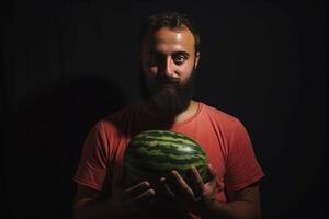 AI generated Juicy Man hold watermelon. Generate Ai photo