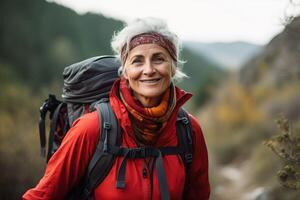 AI generated Senior woman hiking. Generate Ai photo