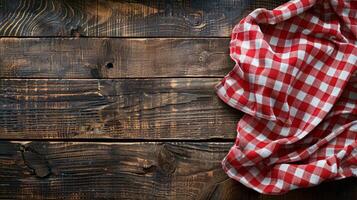 AI generated Red and White Checkered Cloth on Wooden Table photo