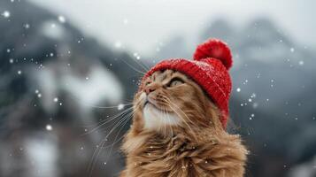 ai generado gato con rojo sombrero en nieve foto