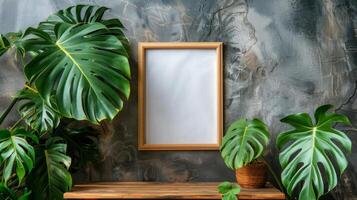 AI generated Picture Frame on Wooden Table photo