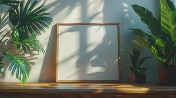 AI generated Picture Frame on Wooden Table With Potted Plants photo