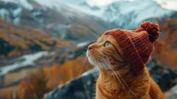 ai generado gato con rojo sombrero en nieve foto