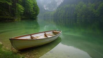AI generated Small White Boat Floating on Lake photo
