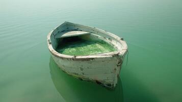 ai generado pequeño blanco barco flotante en lago foto