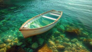 ai generado pequeño barco flotante en agua foto