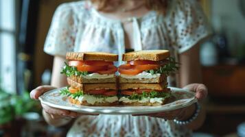 AI generated Woman Holding Plate With Sandwich photo