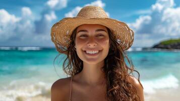 ai generado mujer en Paja sombrero en playa foto