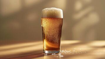 AI generated Glass of Beer on Wooden Table photo