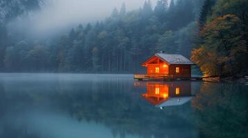 AI generated Lakeside Cabin Amidst Trees photo