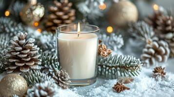 AI generated Candle in Glass Surrounded by Christmas Decorations photo