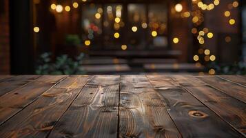 AI generated Wooden Table With Lights in Background photo