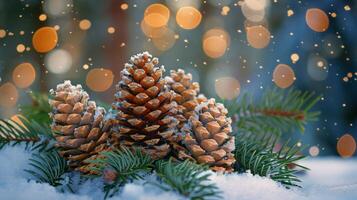 AI generated Two Snow-Covered Pine Cones photo