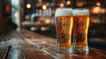 AI generated Two Glasses of Beer on Wooden Table photo