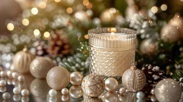 AI generated Candle in Glass Surrounded by Christmas Decorations photo