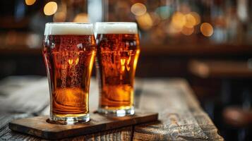 AI generated Two Glasses of Beer on Wooden Table photo