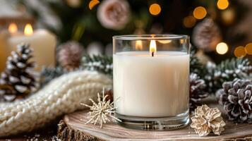 AI generated White Candle on Wooden Table photo