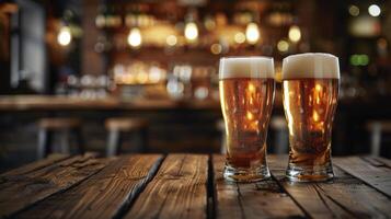 AI generated Two Glasses of Beer on Wooden Table photo