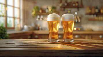 AI generated Two Glasses of Beer on Wooden Table photo
