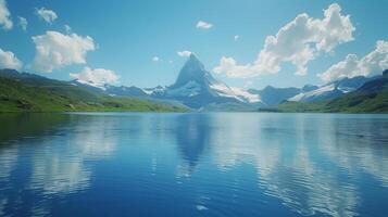 ai generado montaña reflejando en todavía lago foto