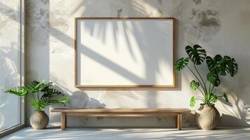 AI generated Picture Frame on Wooden Table With Potted Plants photo
