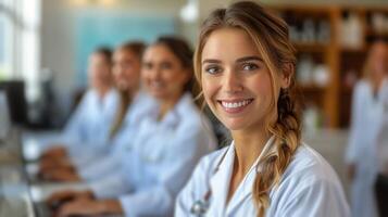 ai generado mujer sentado a mesa sonriente foto