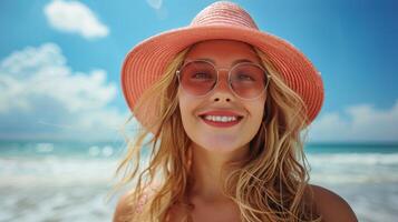 ai generado mujer en rosado sombrero y lentes en playa foto