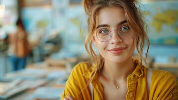 AI generated Woman Sitting at Table With Book photo