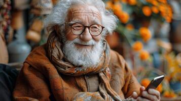 ai generado mayor hombre con barba y lentes utilizando célula teléfono foto