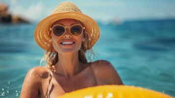 AI generated Woman in Pink Hat and Glasses on Beach photo