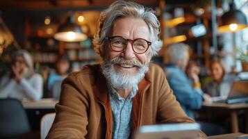 ai generado mayor hombre con barba y lentes utilizando célula teléfono foto