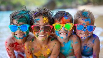 AI generated Group of happy children having fun at Holi color festival photo