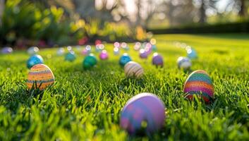 AI generated Colorful Easter eggs scattered on lush green grass in park or backyard. Spring holiday celebration and tradition of decorating eggs photo