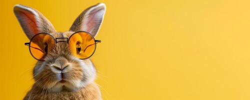 AI generated Bunny wearing funny glasses on yellow background. Humorous rabbit portrait with copy space. photo